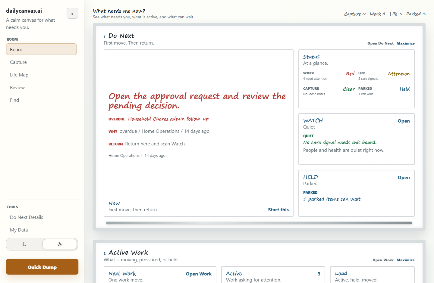 dailycanvas.ai Board screenshot showing a real whiteboard view with dummy household data.