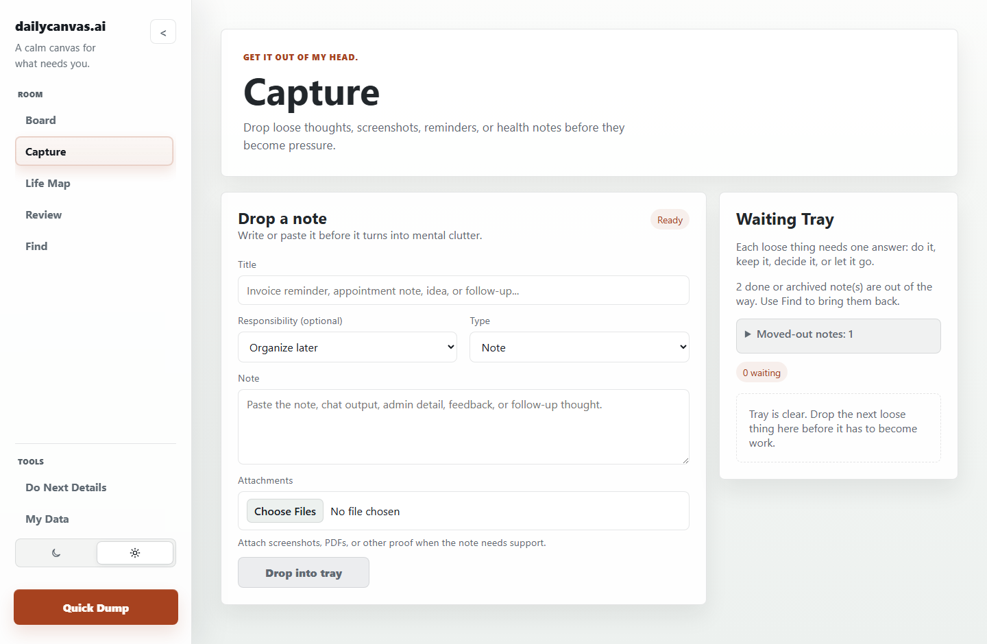 dailycanvas.ai Capture screenshot showing the real note tray and waiting tray.